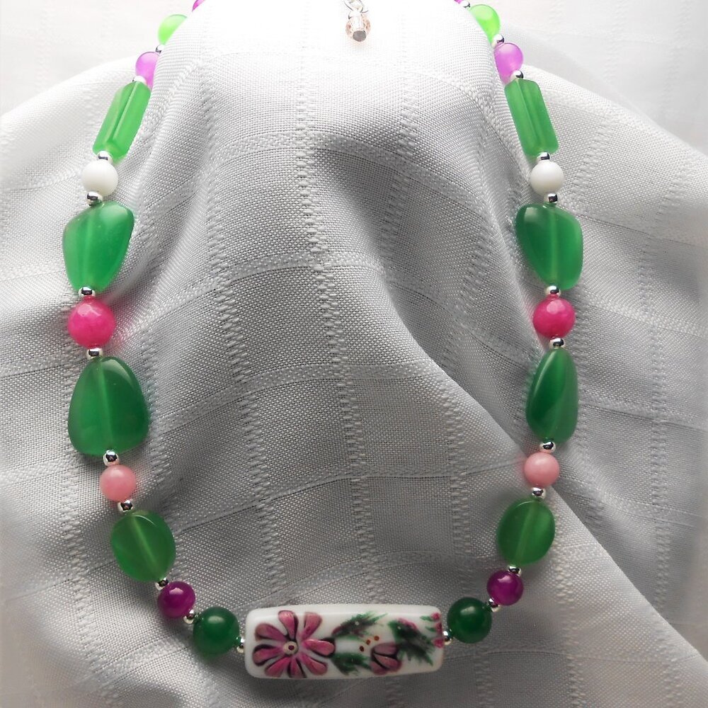 No 277 Handmade necklace with torch-worked glass pieces, polished stones